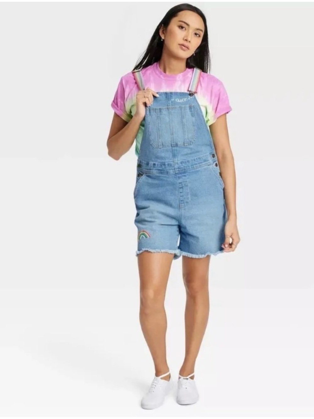 Pride Target Light Blue Denim Short Overalls with Rainbow Patch